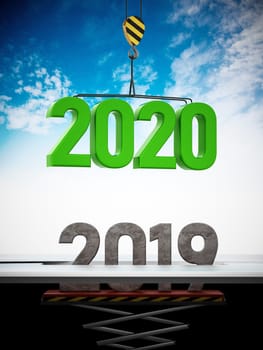 2020 number carried by crane replaces 2019. 3D illustration.