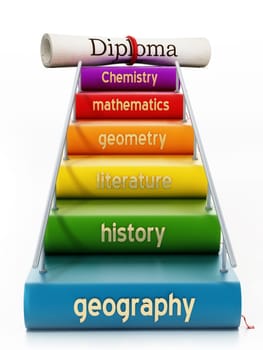 School course books forming a staircase through a diploma. 3D illustration.
