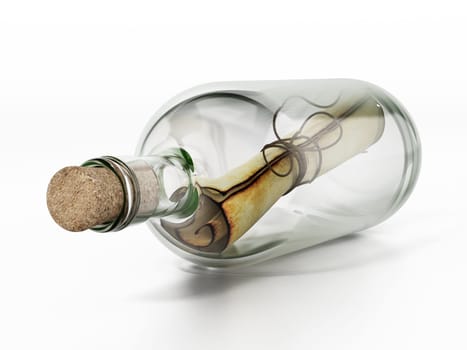 Message in a bottle isolated on white background. 3D illustration.