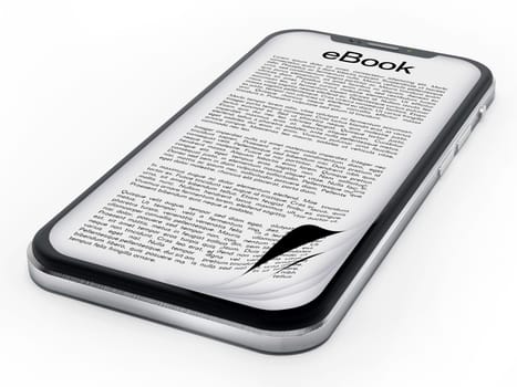 Book page on smartphone screen isolated on white background. 3D illustration.