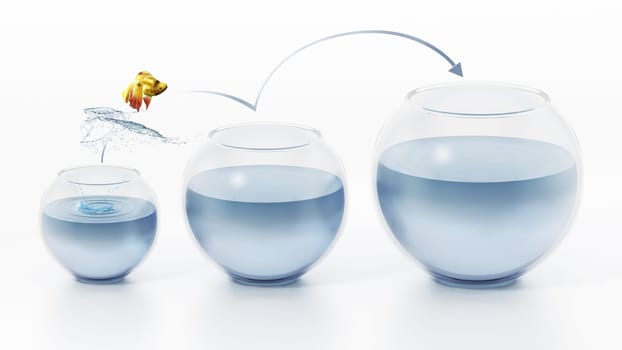 Fish jumping out of the bowl. 3D illustration.