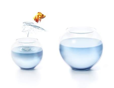 Fish jumping out of the bowl. 3D illustration.