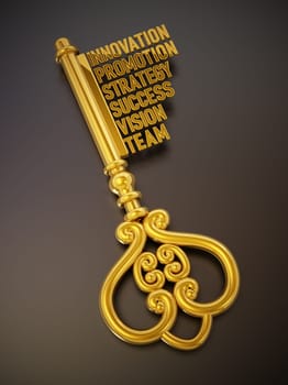 Vintage gold key with business and success related words. 3D illustration.