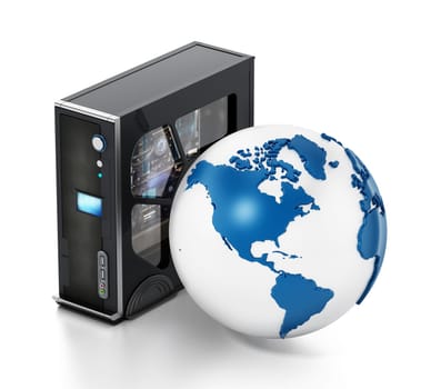 Modern PC case and globe isolated on white background. 3D illustration.