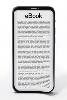 Book page on smartphone screen isolated on white background. 3D illustration.