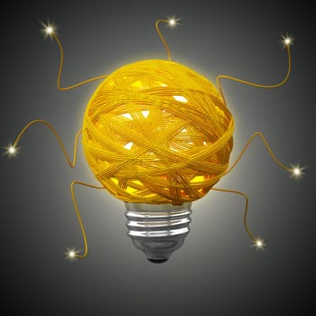 Tangled rope forming a lightbulb on blue background. 3D illustration.