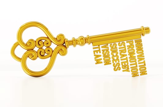 Vintage gold key with business and success related words. 3D illustration.
