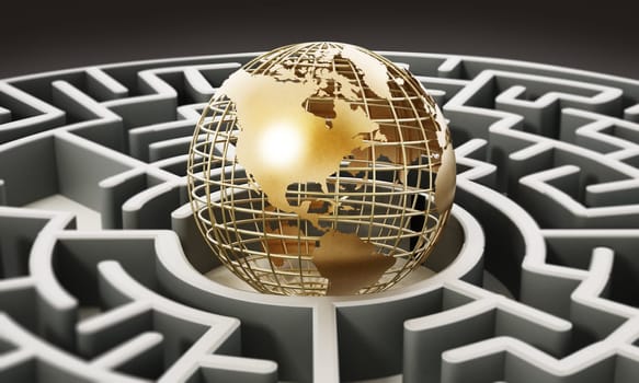 Wire earth standing at the center of the round maze. 3D illustration.