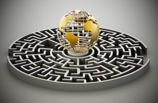 Wire earth standing at the center of the round maze. 3D illustration.