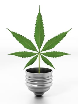Leaf standing on top of the lightbulb base. 3D illustration.