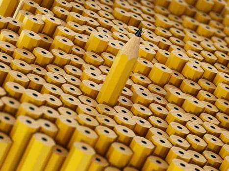 Pencil stands out among the others facing the opposite way. 3D illustration.