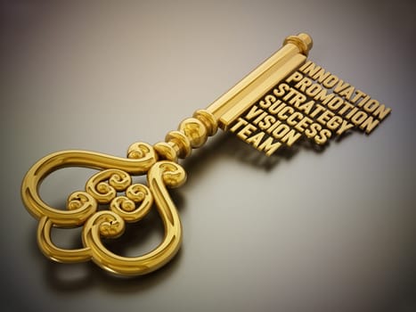 Vintage gold key with business and success related words. 3D illustration.