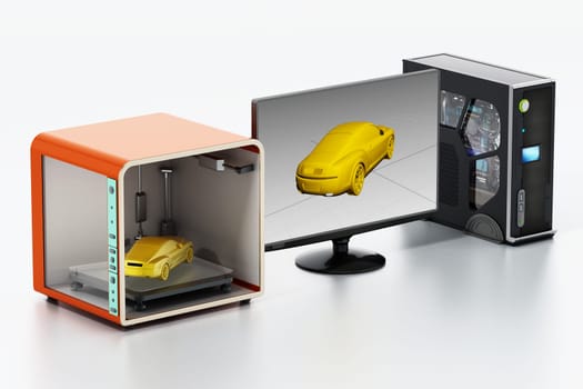 3D printer, desktop computer and screen isolated on white background. 3D illustration.