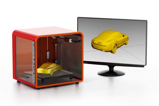 3D printer, desktop computer and screen isolated on white background. 3D illustration.