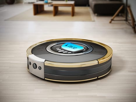 Automated vacuum cleaner on wooden floor. 3D illustration.