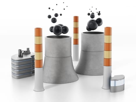 Nuclear plant isolated on white background. 3D illustration.