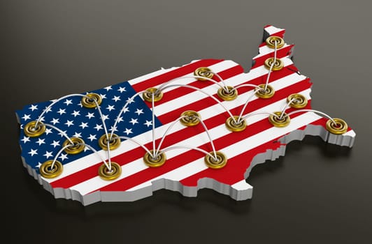 Network of travel points on usa map. 3D illustration.