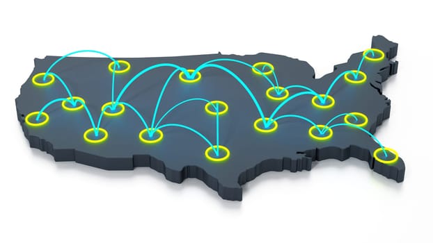 Network of travel points on usa map. 3D illustration.
