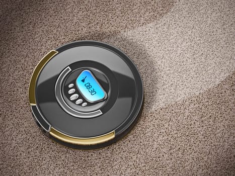 Automated vacuum cleaner on carpet. 3D illustration.