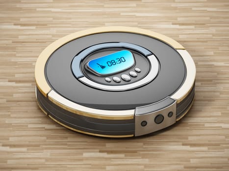 Automated vacuum cleaner on wooden floor. 3D illustration.