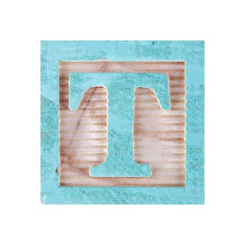 A Letter T childs wood block on white with clipping path