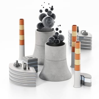 Nuclear plant isolated on white background. 3D illustration.