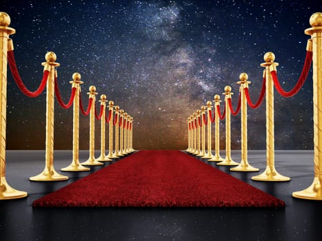 Velvet ropes and golden barriers along the red carpet. 3D illustration.