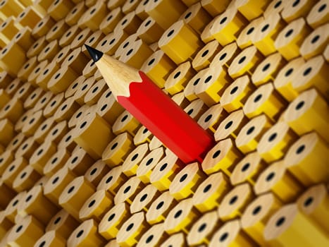 Red pencil stands out among the others facing the opposite way. 3D illustration.