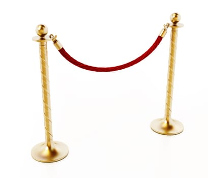 Velvet rope and golden barriers isolated on white background. 3D illustration.