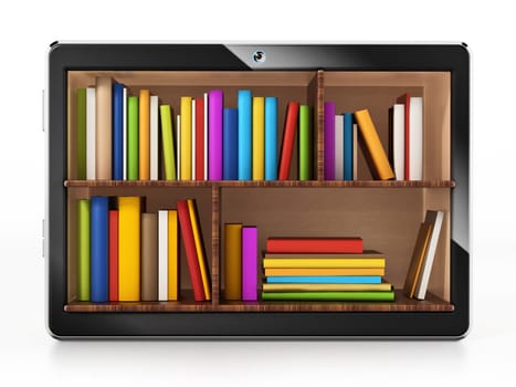 Books inside generic tablet PC. 3D illustration.