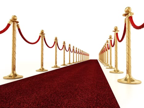 Velvet ropes and golden barriers along the red carpet. 3D illustration.