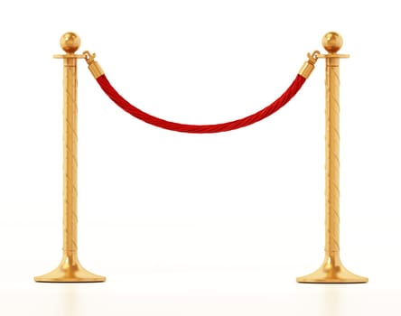 Velvet rope and golden barriers isolated on white background. 3D illustration.