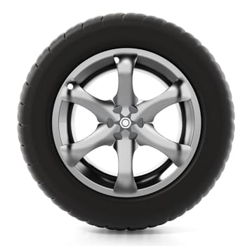 Tyre and wheel isolated on white background. 3D illustration.