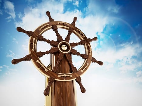 Ship wheel against blue sky background. 3D illustration.
