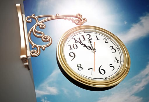Vintage wall clock against blue sky. 3D illustration.