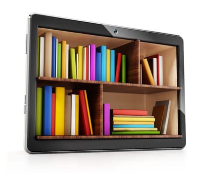 Books inside generic tablet PC. 3D illustration.