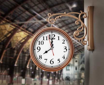 Vintage wall clock on the train station. 3D illustration.