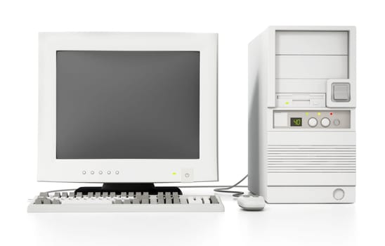 Generic vintage 90's style computer isolated on white background. 3D illustration.