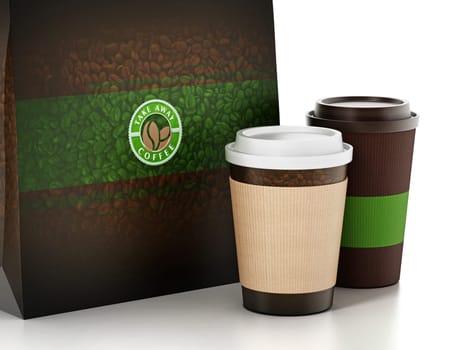 Take away coffee cup and paper bag isolated on white. 3D illustration.