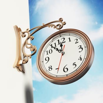 Vintage wall clock against blue sky. 3D illustration.