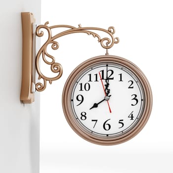 Vintage wall clock isolated on white background. 3D illustration.