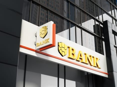 Bank signboard with fictitious logo on building exterior. 3D illustration.