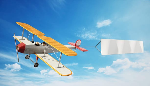 Classic airplane pulling blank white text banner. 3D illustration.
