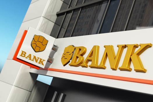 Bank signboard with fictitious logo on building exterior. 3D illustration.