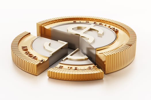 Sliced coin with dollar icon. 3D illustration.