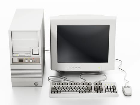 Generic vintage 90's style computer isolated on white background. 3D illustration.