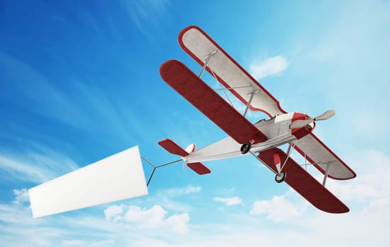 Classic airplane pulling blank white text banner. 3D illustration.