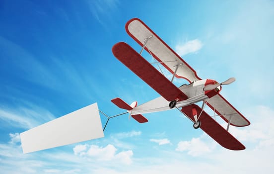 Classic airplane pulling blank white text banner. 3D illustration.