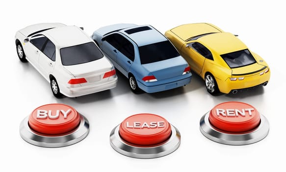 Cars and buy, rent, lease buttons isolated on white background. 3D illustration.