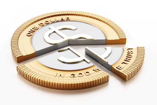 Sliced coin with dollar icon. 3D illustration.